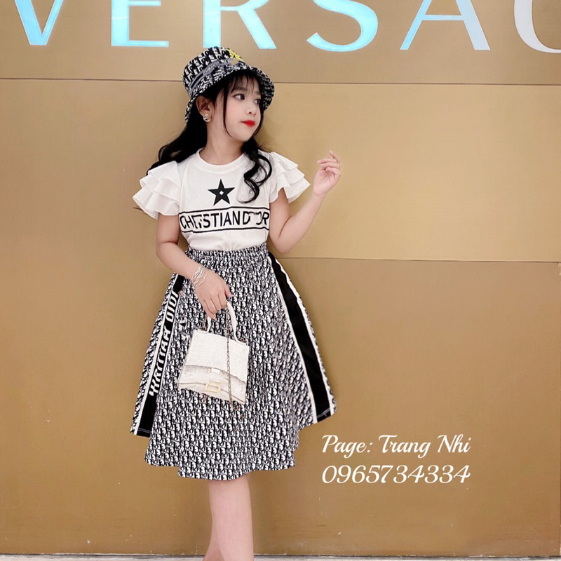 Set áo  thun tay bèo cánh tiên + chân váy kaki doir sang chảnh diện hè cho bé gái size đại 17kg-41kg