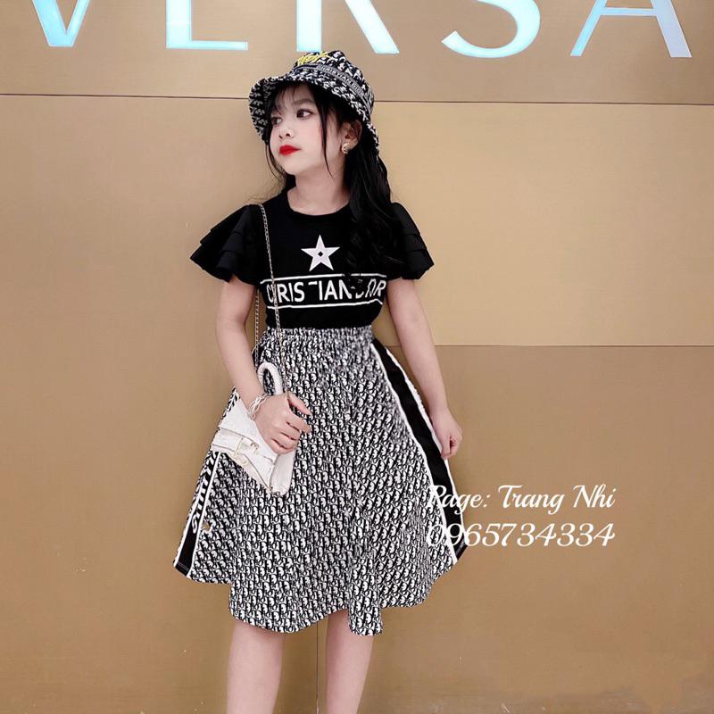 Set áo  thun tay bèo cánh tiên + chân váy kaki doir sang chảnh diện hè cho bé gái size đại 17kg-41kg