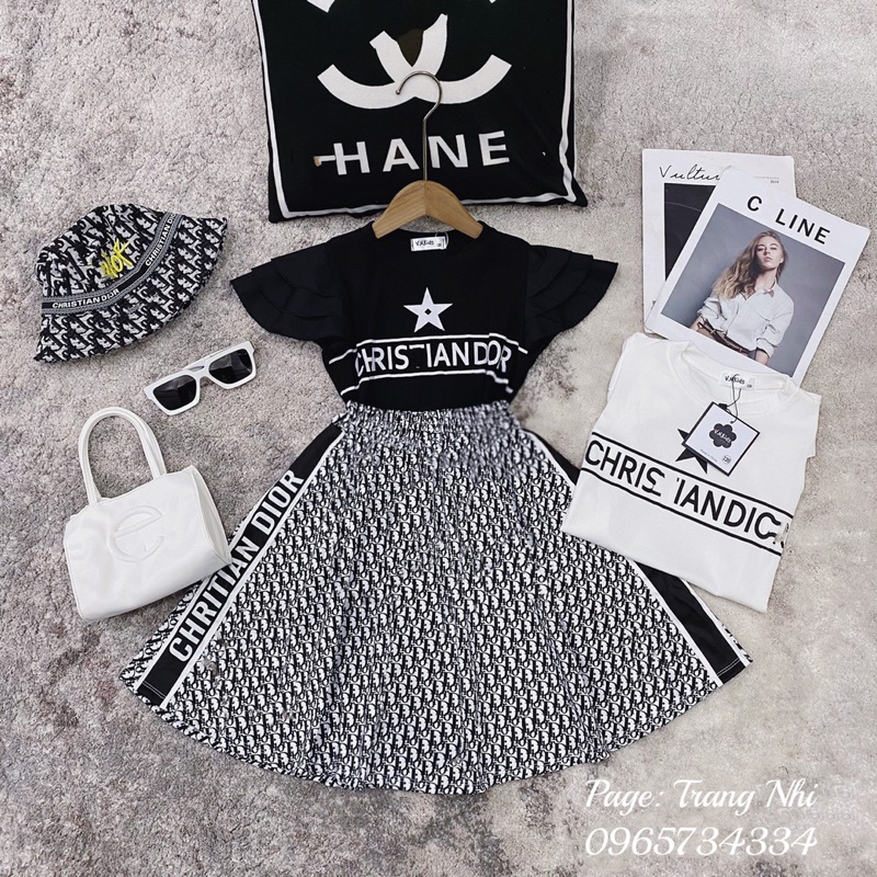 Set áo  thun tay bèo cánh tiên + chân váy kaki doir sang chảnh diện hè cho bé gái size đại 17kg-41kg