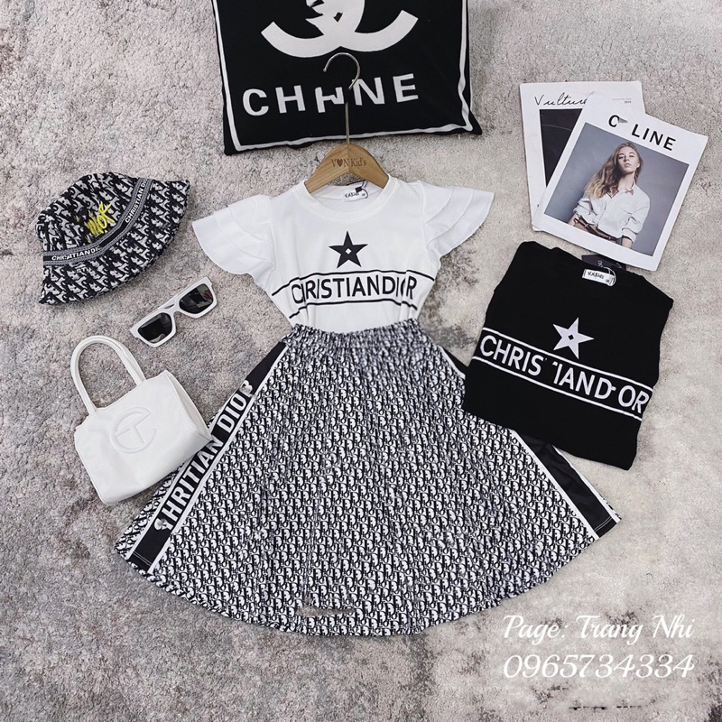 Set áo  thun tay bèo cánh tiên + chân váy kaki doir sang chảnh diện hè cho bé gái size đại 17kg-41kg