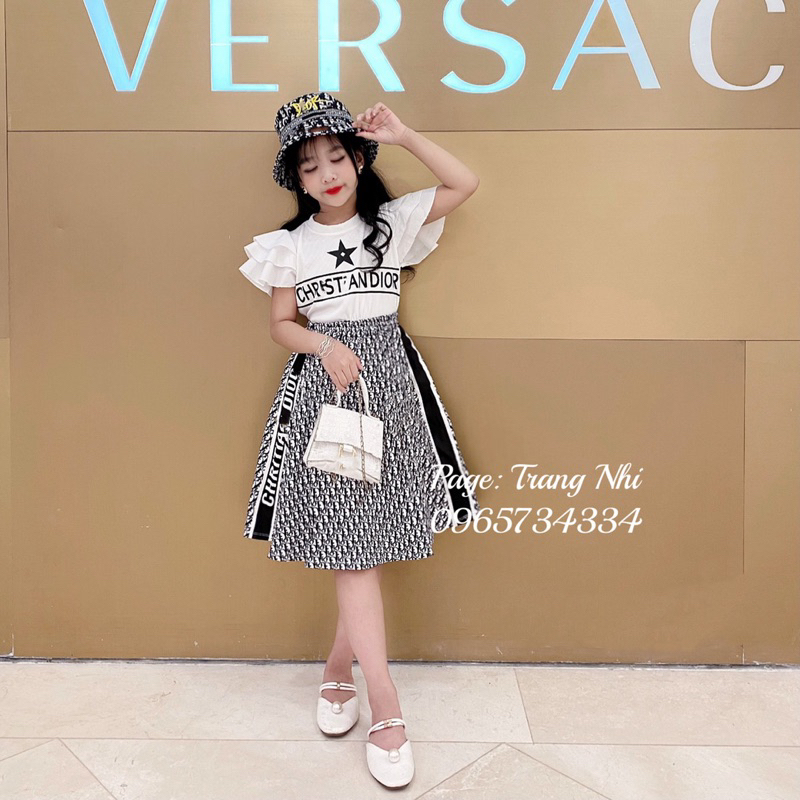 Set áo  thun tay bèo cánh tiên + chân váy kaki doir sang chảnh diện hè cho bé gái size đại 17kg-41kg