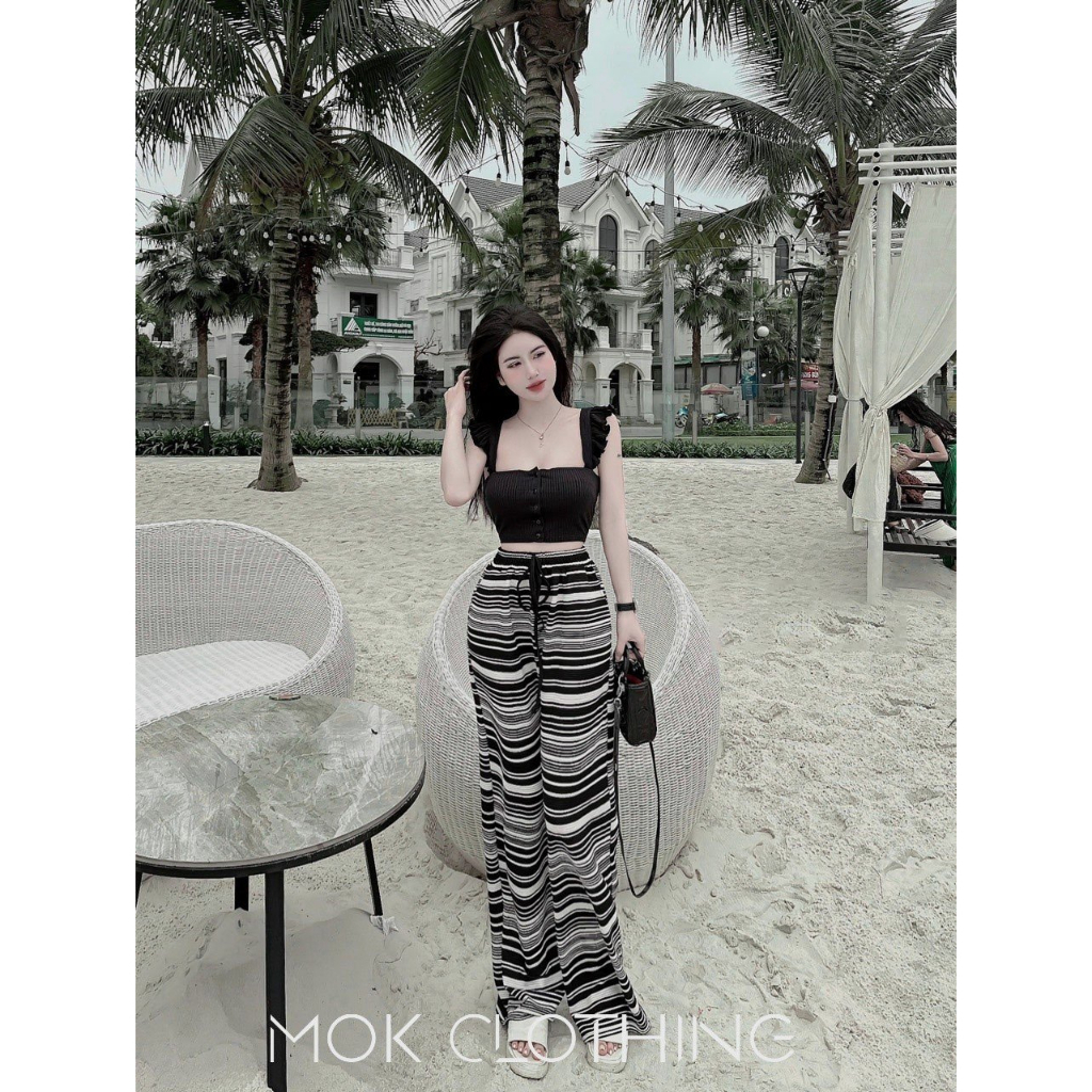 Set đồ nữ áo hai dây croptop phối quần suông dài kẻ sọc phong cách nữ tính trẻ trung hàng thiết kế cao cấp