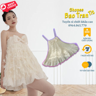 Đầm doll suông lông vũ 2 dây nơ ngực - Hàng mới mỗi ngày