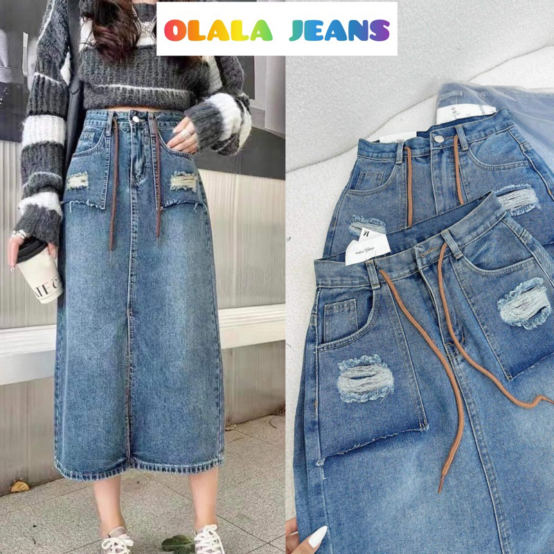 Váy jeans nữ cạp cao tôn dáng mix dây nâu chất vãi dày dặn | BigBuy360 - bigbuy360.vn