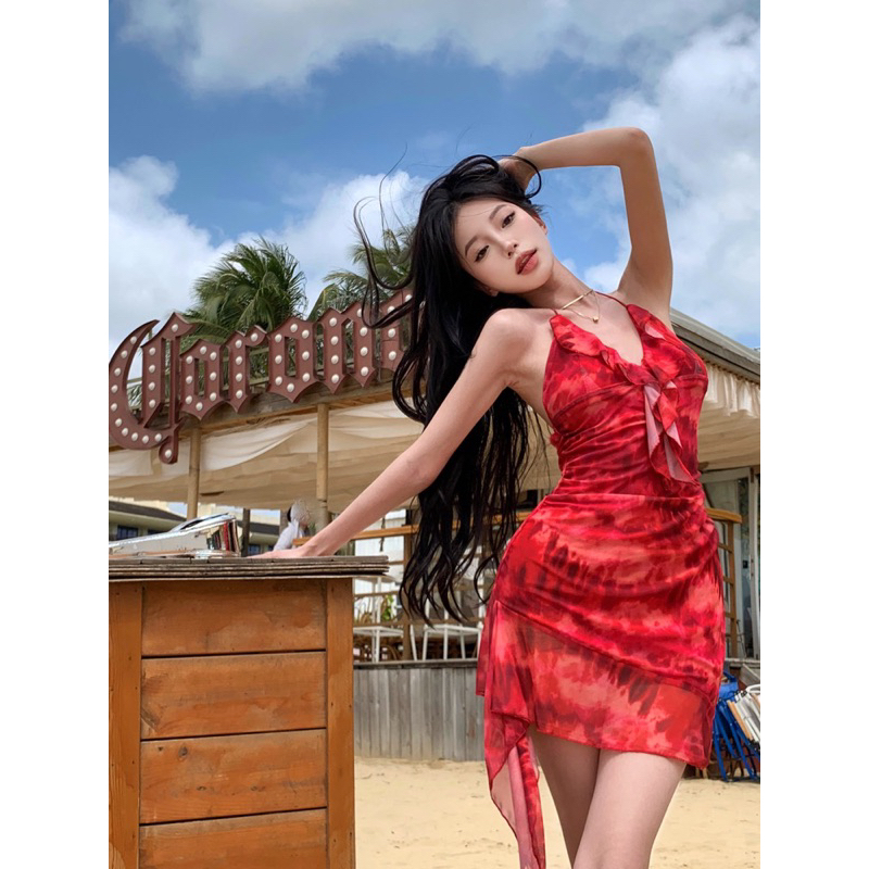 Đầm cổ yếm hở lưng quyến rũ màu đỏ cam cháy sexy 2023