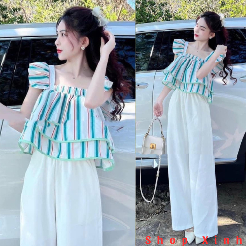 Set Bộ Áo 2 Dây Cánh Tiên Dáng Croptop Tầng Mix Quần Suông Trắng Chất Liệu Cát Hàn Cao Cấp