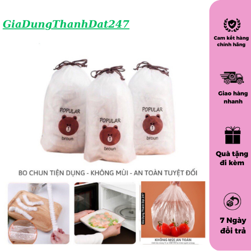 Set 100 Màng Bọc Thực Phẩm PE Túi Gấu - Túi Bọc Thức Ăn Có Chun Co Giãn Tái Sử Dụng - TD01