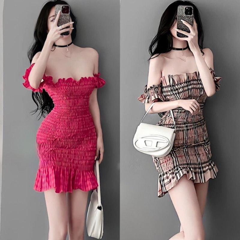 Đầm Nhúng Trễ Vai Tay Ngắn ôm body Nhún 2 màu sọc và hồng cực sexy , chất kate mềm mịn mát