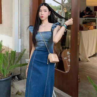 (S07) Váy Jean Hai Dây To Bản Vai Bèo Màu Ombre Khoá Sau Phong Cách Hàn Quốc ❤️