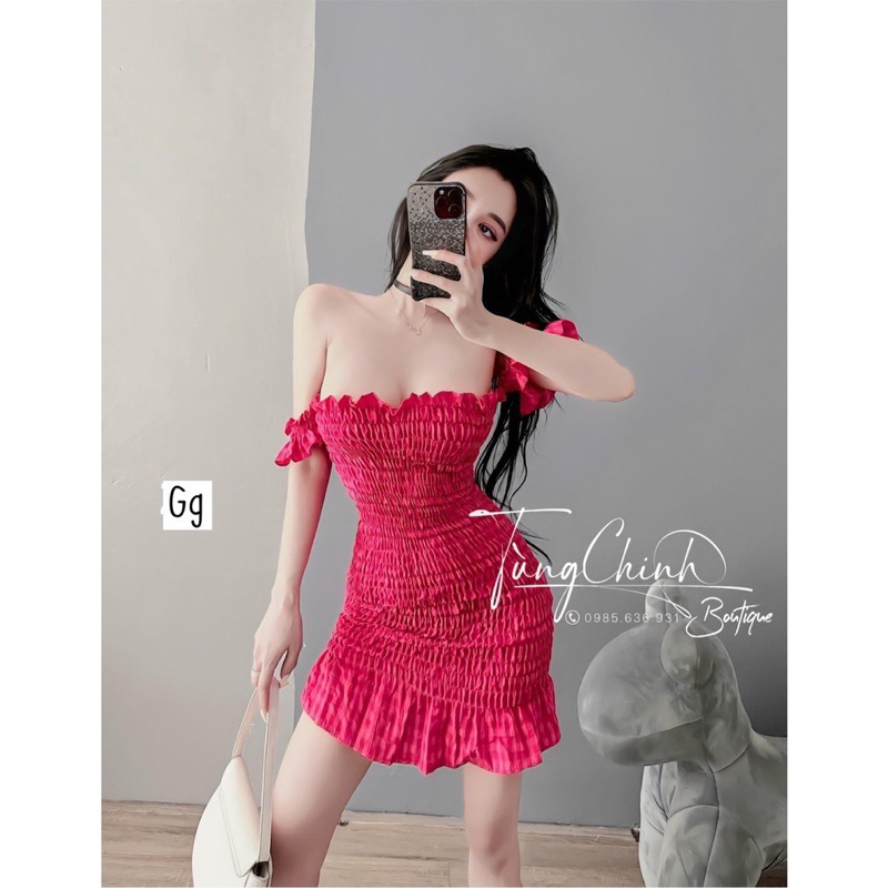 Đầm Nhúng Trễ Vai Tay Ngắn ôm body Nhún 2 màu sọc và hồng cực sexy , chất kate mềm mịn mát