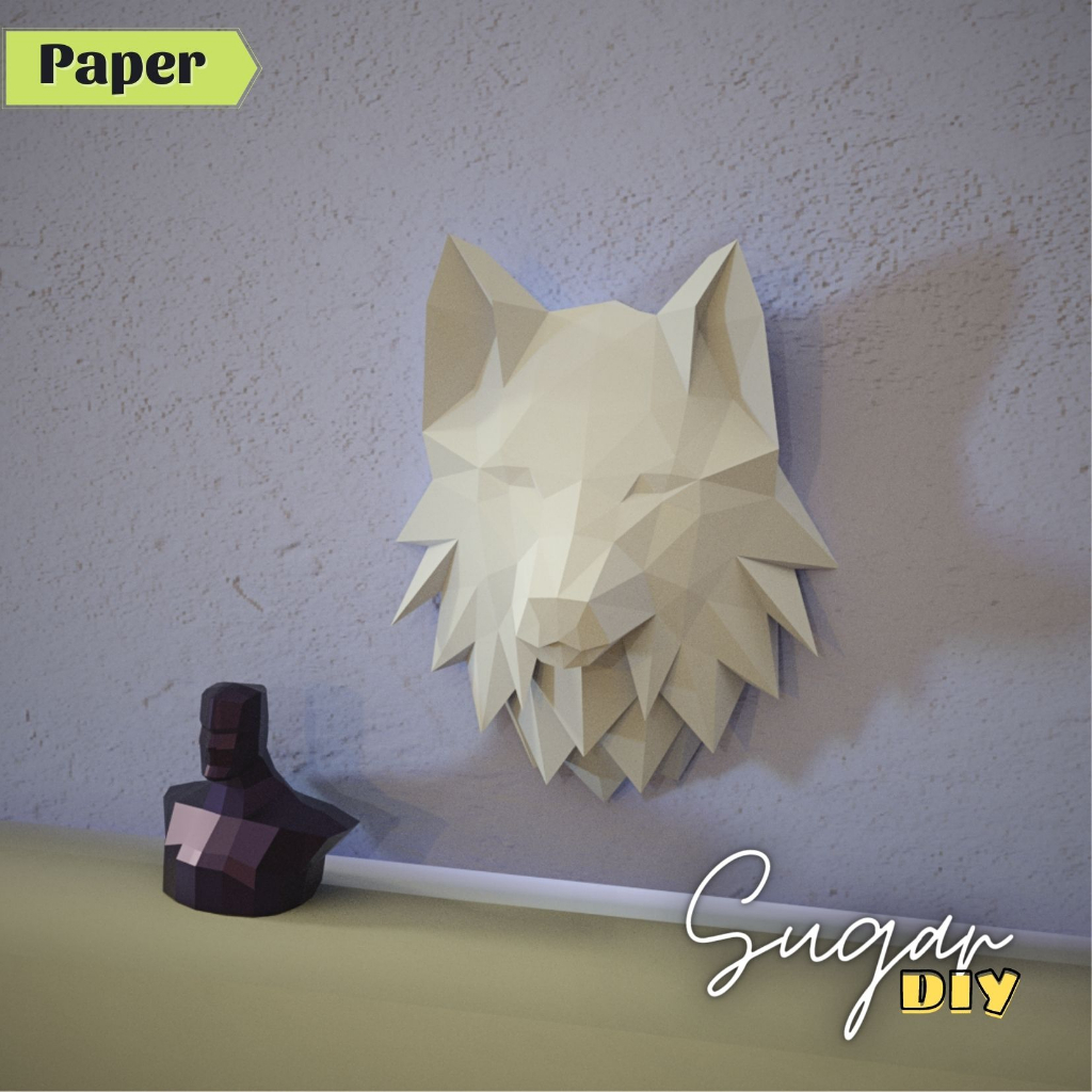 Đầu sói treo tường 50cm - Mô hình giấy DIY màu trắng
