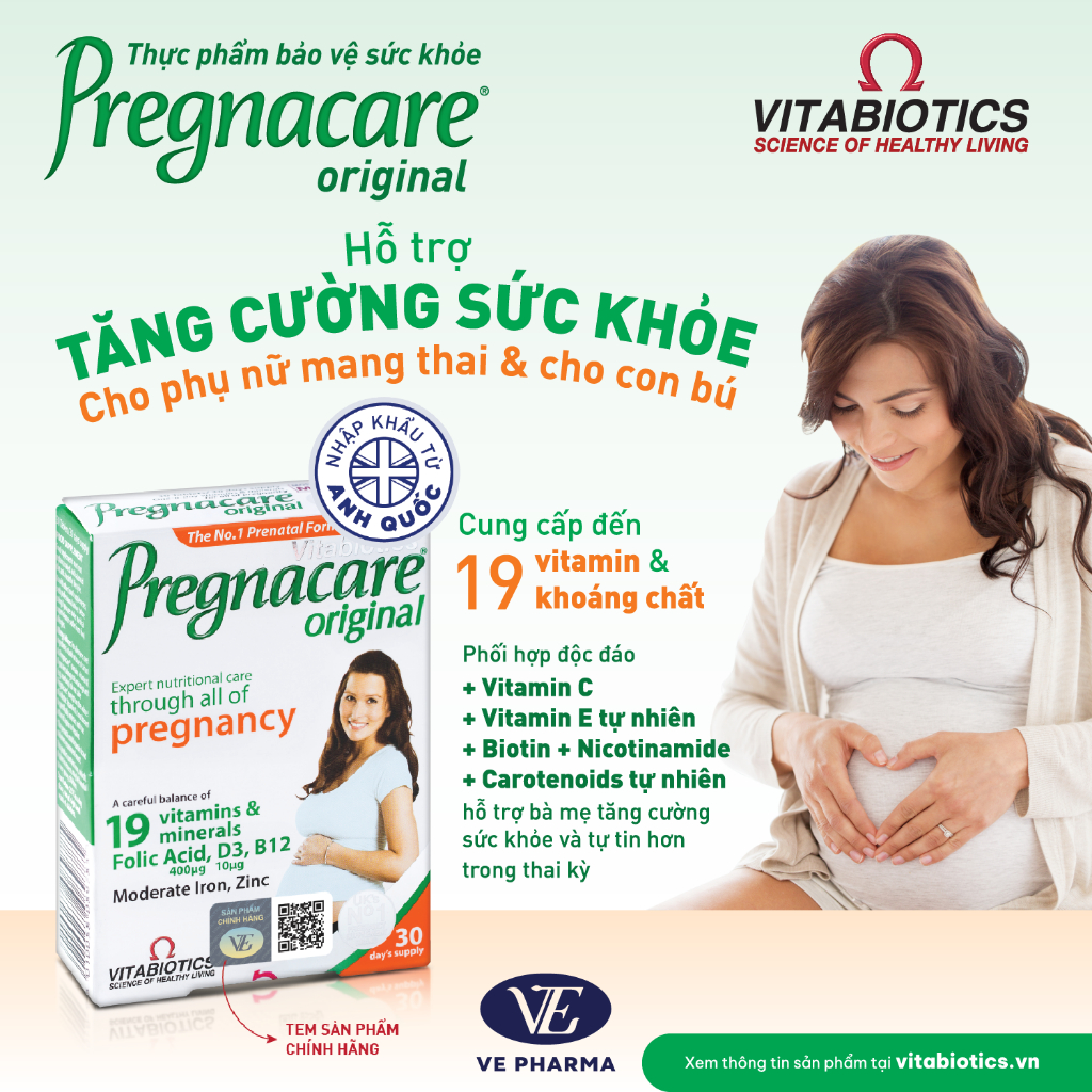 Viên Uống Cho Phụ Nữ Mang Thai Và Cho Con Bú Vitabiotics PREGNACARE ORIGINAL Bổ Sung Vitamin & Khoáng Chất Hộp 30 Viên