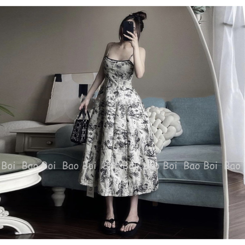 Váy dây hoa đen hoạ tiết, Váy dự tiệc sang trọng,Bảo Bối Clothing
