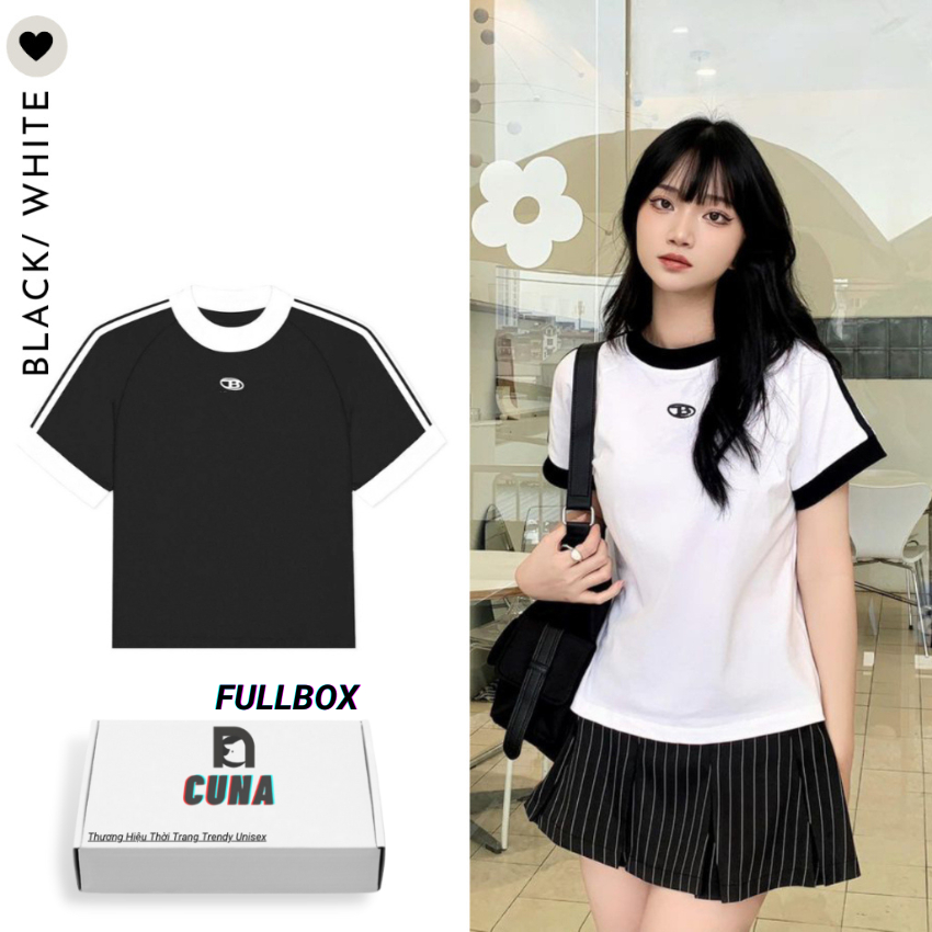 Áo Thun Form Fit Chữ B Chất Thun Co Dãn 2023 FULLBOX Áo Thun Nữ Cotton Màu Trắng Đen Phối Viền Chữ Nổi Local Brand