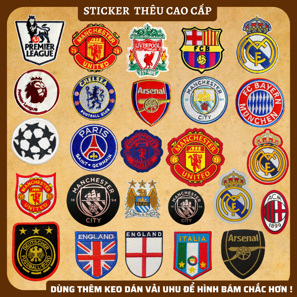 Sticker ủi quần áo logo câu lạc bộ bóng đá,sticker dán quần áo, làm miếng dán vá Quần Áo,vá áo phao,trang trí quần áo