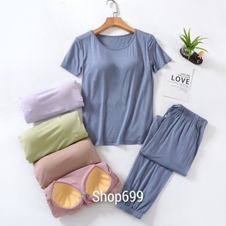 Bộ cotton ngắn tay kèm bra quần dài dây rút có túi hàng quảng châu cao cấp