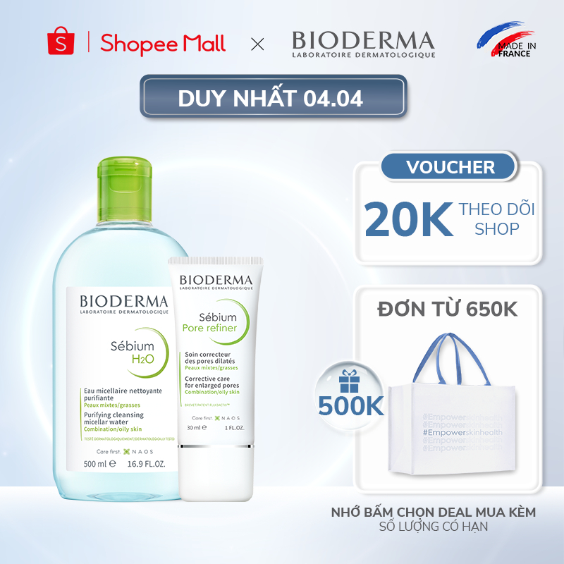 Bộ đôi làm sạch micellar cho da hỗn hợp và da dầu Bioderma Sebium H2O 500ml và kem dưỡng se lỗ chân lông 30ml