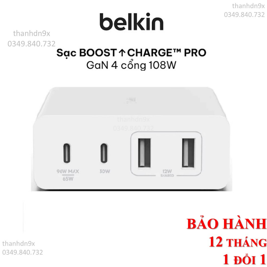 Sạc BOOST↑CHARGE™ PRO Belkin 108W (4 cổng) GaN - 2 USB C và 2 USB A - Hàng chính hãng - WCH010dq