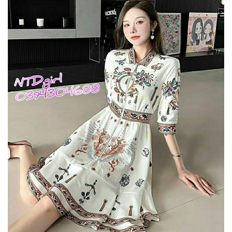 Hàng nhập - Đầm dáng xòe lụa in hoa văn cổ khóa kéo, váy dự tiệc tay lỡ bèo đuôi cá