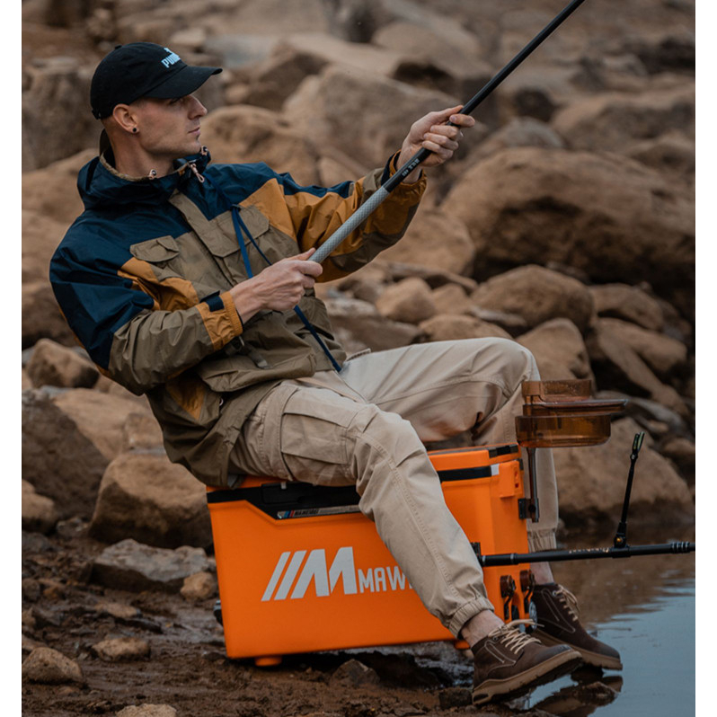 Thùng câu đài giá rẻ, thùng câu cá đa năng MAWEIBE màu Cam 39L có bánh xe thích hợp mọi địa hình bảo hành 2 năm