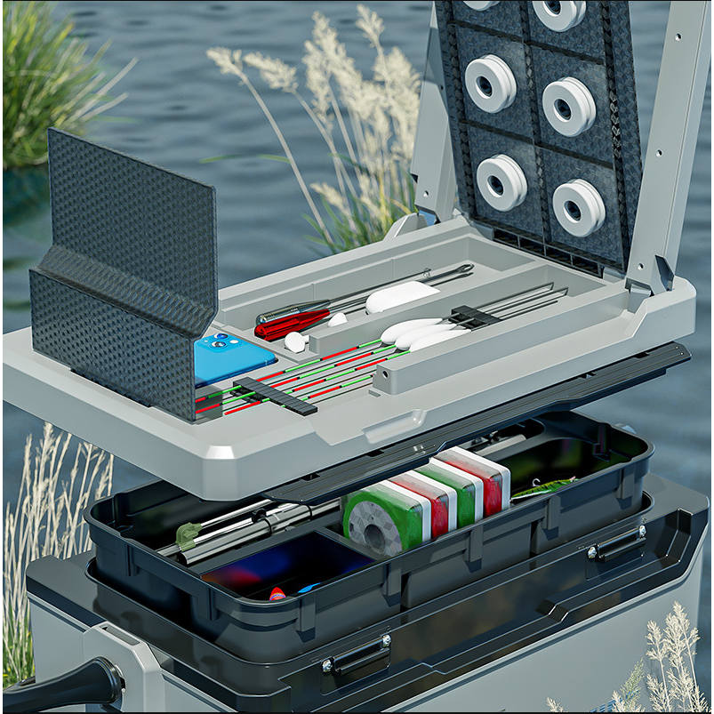 Thùng câu đài, thùng câu cá đa năng tiện dụng MAWEIBE màu xám 39L có bánh xe thích hợp mọi địa hình