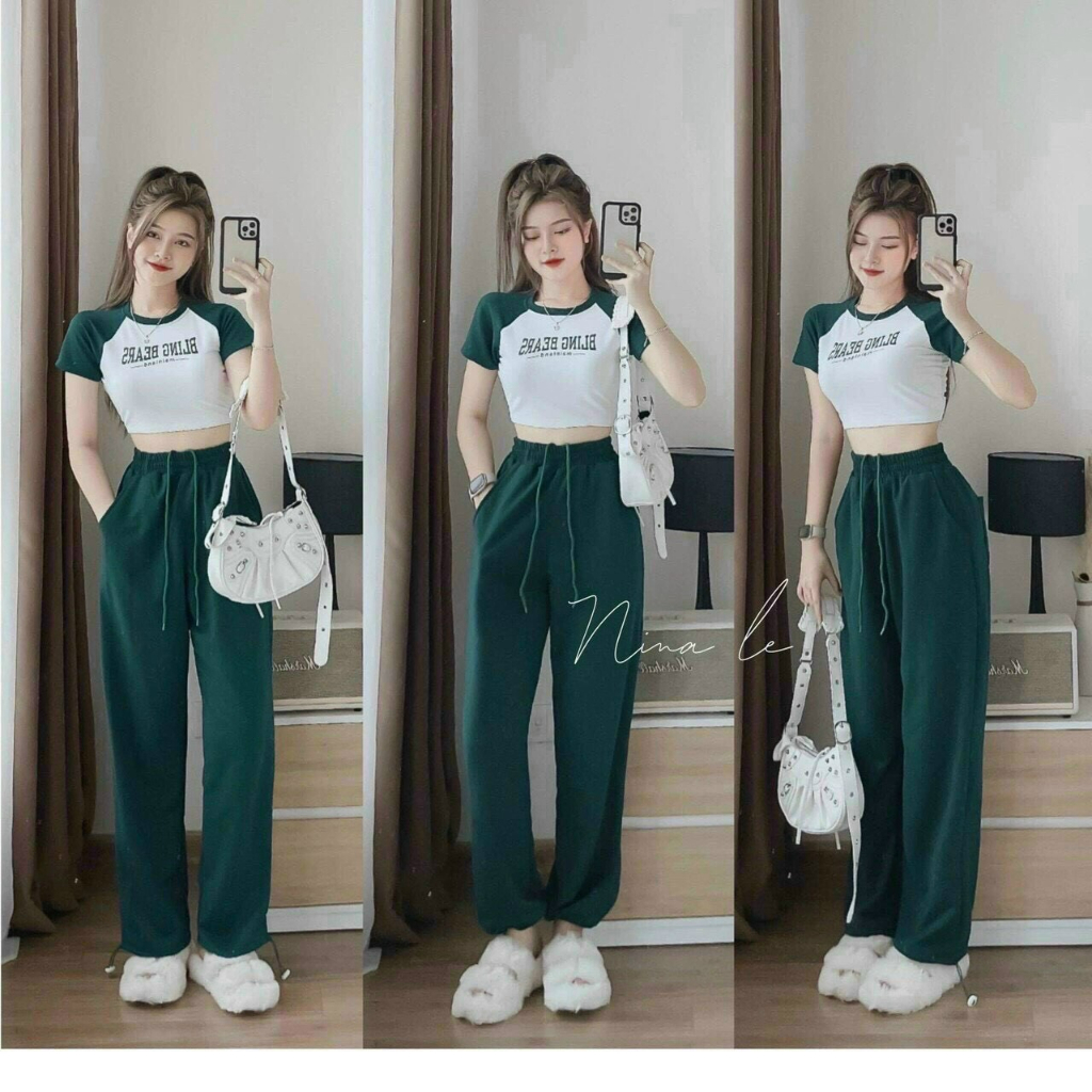 Set bộ đồ nữ thun gân áo croptop phối chữ mix quần suông siêu xinh xắn, năng động dành cho các chị em đi dạo phố