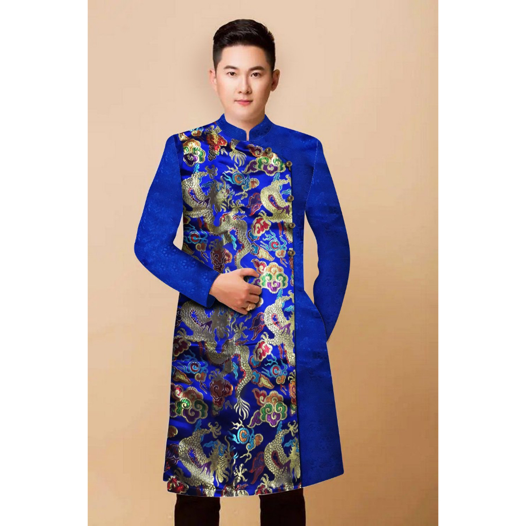 Gx 3- Áo Dài Nam GẤM  RỒNG KIM TUYẾN TAFFA CAO CẤP CỰC SANG