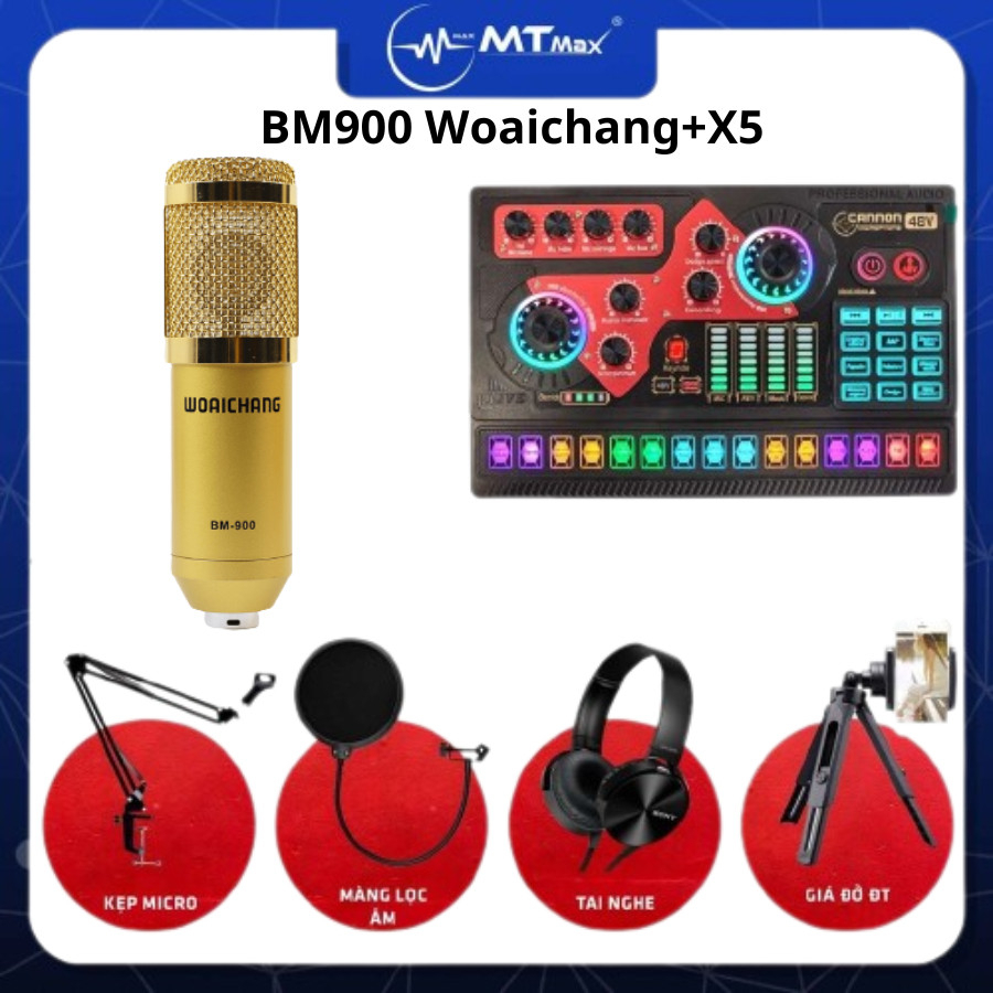 Combo Trọn Bộ Mic Livestream, Hát Karaoke, Thu Âm Online Sc X5 + BM900 Bluetooth Chính Hãng Hiệu Ứng Âm Thanh, Tiếng Vỗ