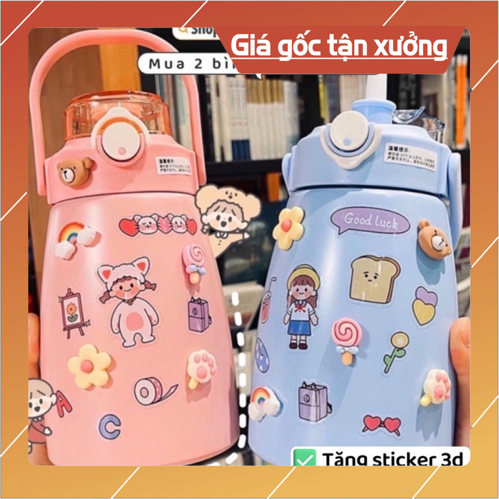 Bình nước giữ nhiệt cute có sticker và ống hút - Bình giữ nhiệt sticker 900ml cho bé inox 304 xịn