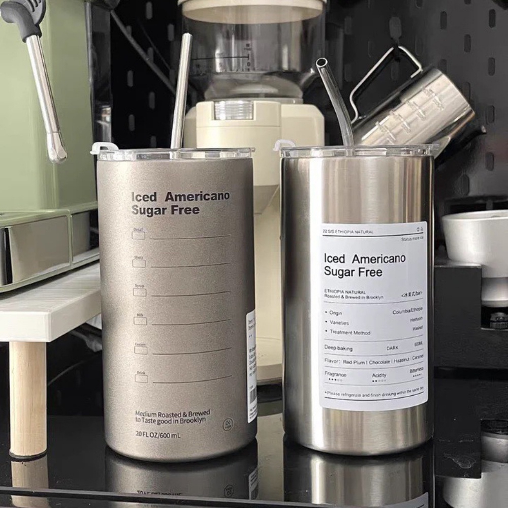 Cốc đựng nước giữ nhiệt Iced Americano có ống hút dung tích 600ml, Ly cốc giữ nhiệt cute uống cà phê dùng văn phòng