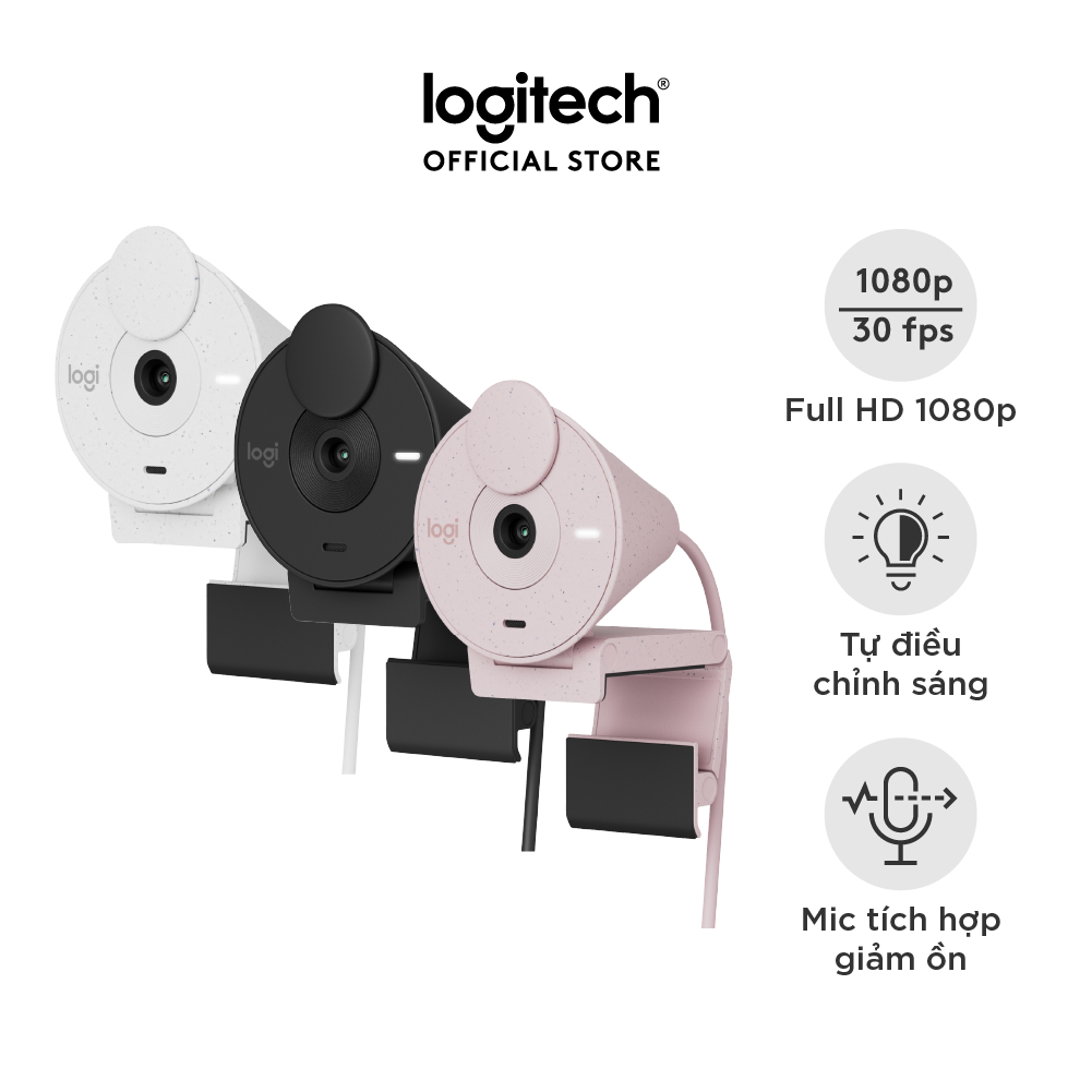 Webcam Full HD Logitech Brio 300 - Màn che ống kính, Micrô giảm tiếng ồn, USB-C, tự động chỉnh ánh sáng