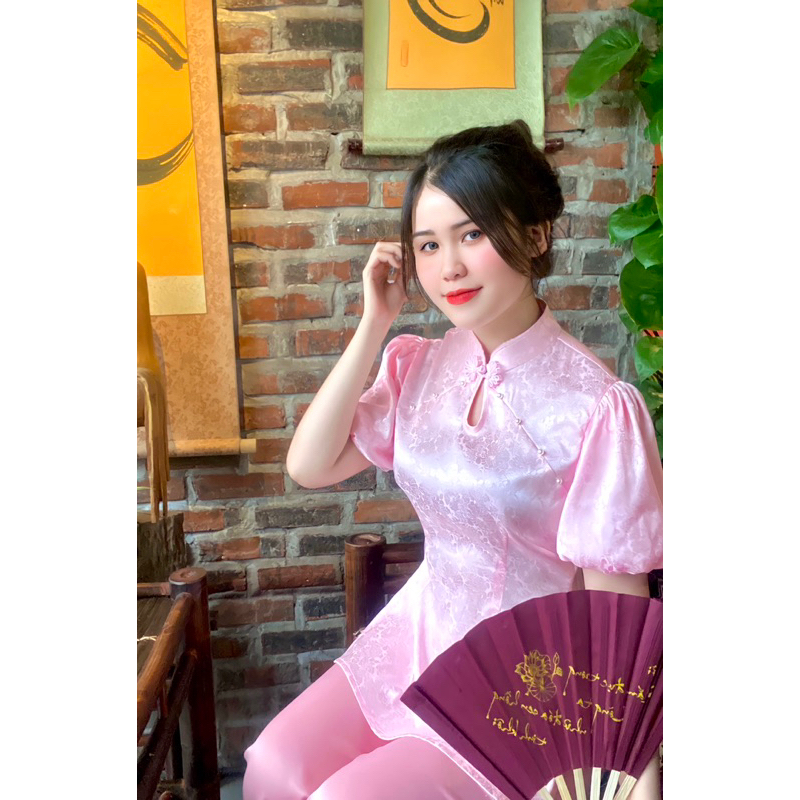 S01 - Bộ đồ lam đi chùa tiểu thư, hồng phấn, tay bồng, cổ tàu cực xinh