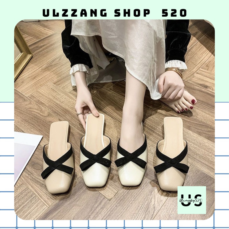 Sục mũi vuông nơ đen 2 màu nâu kem mềm mại êm chân kiểu dáng trẻ trung phong cách Hàn Quốc Ulzzangshop520