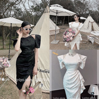 Váy đầm dự tiệc gấm tafta dáng dài cổ yếm cộc tay, xếp ly đuôi cá thiết kế cao cấp