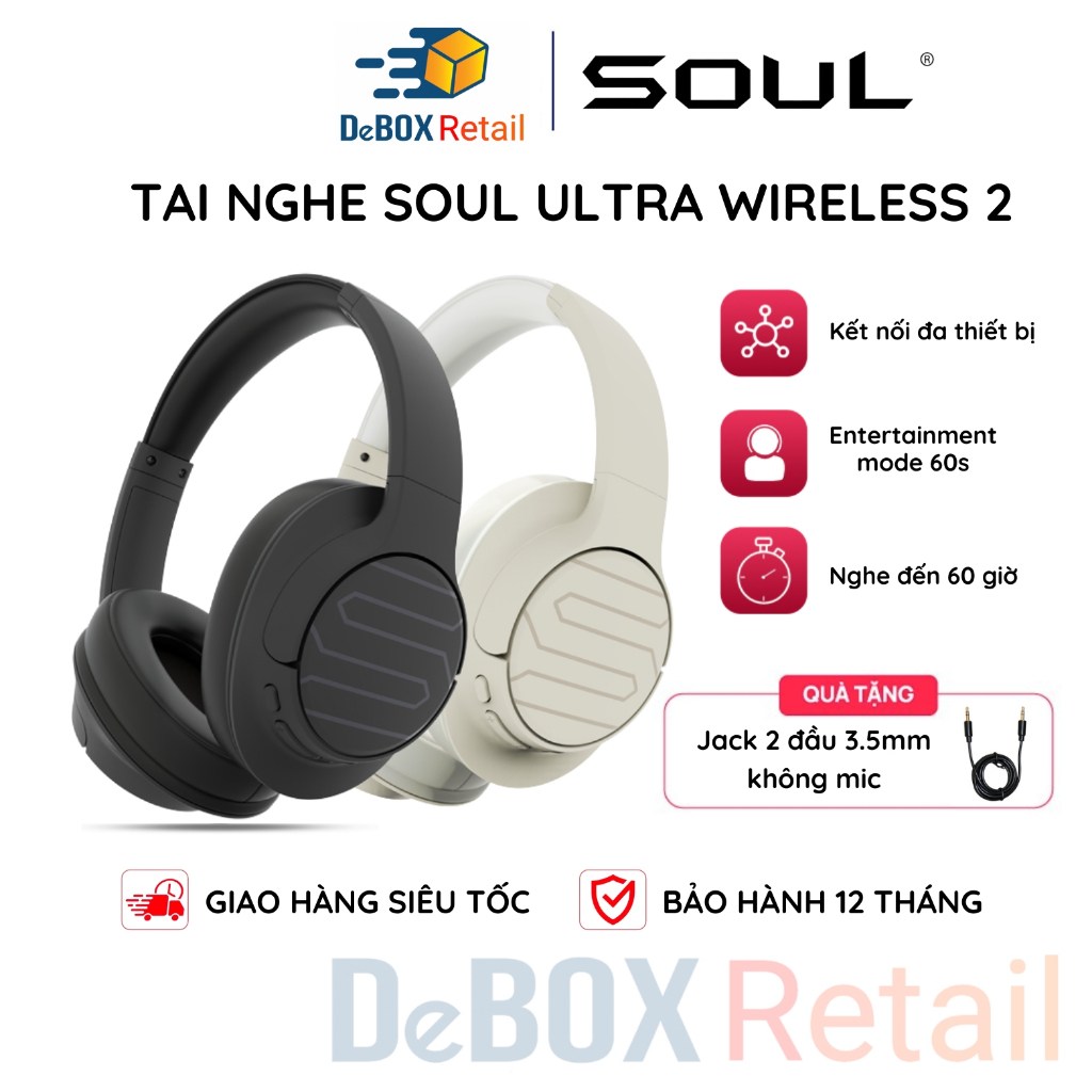 Tai Nghe Bluetooth Headphone Soul Ultra Wireless 2, Bluetooth 5.2, Độ trễ 60ms, Nghe Đến 60 Giờ - Chính Hãng BH 12 Tháng