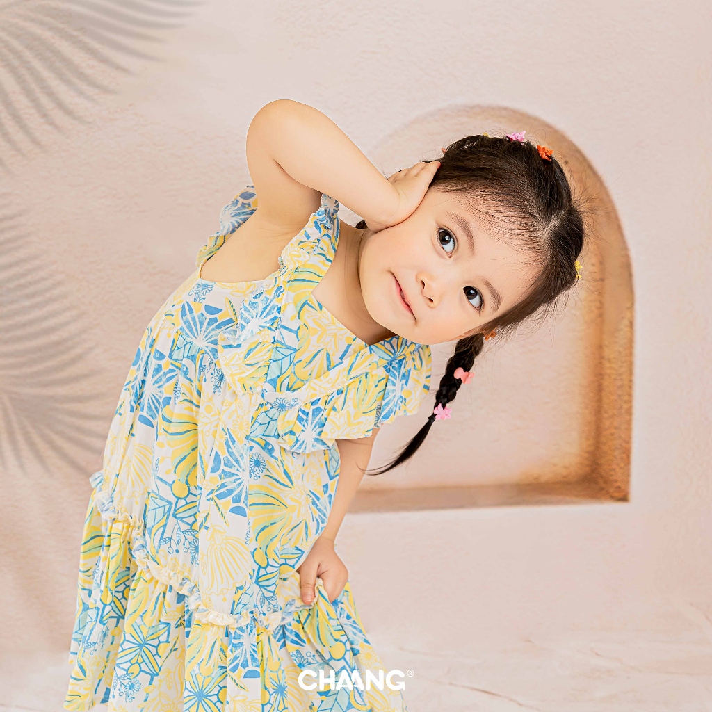 [CHAANG] Váy cánh tiên lanh in tràn hoa vàng bé gái Santorini Chaang