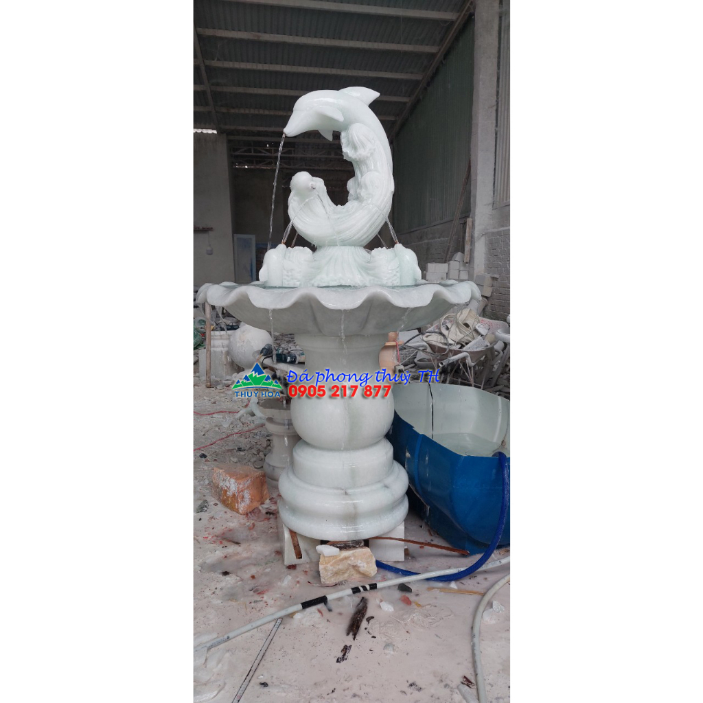 Thác nước phong thủy luân hồi, đài phun nước cá heo, đá trắng - Cao 1,5 m