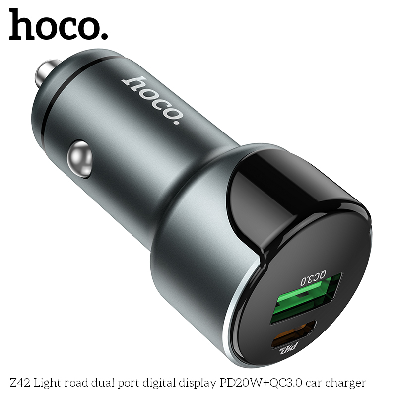 Tẩu sạc nhanh ô tô màn hình led PD20W+QC3.0 Hoco Z42 1 cổng USB 1 cổng Type-C cao cấp