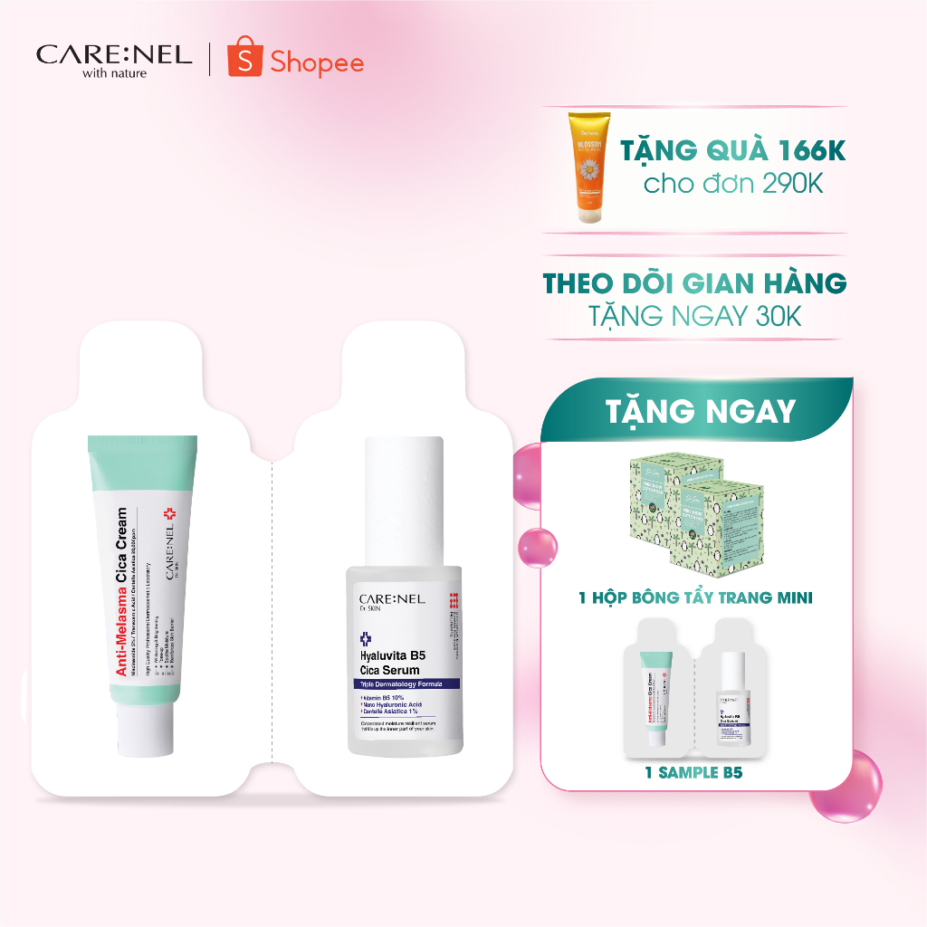 Minisize tinh chất dưỡng serum Carenel Hyaluvita B5 Cica Serum và kem dưỡng ngừa nám Anti-Melasma Cica Cream 2,4ml