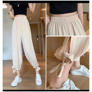 Quần Boom ống rộng dáng joggers kèm đai thắt nơ gấu quần