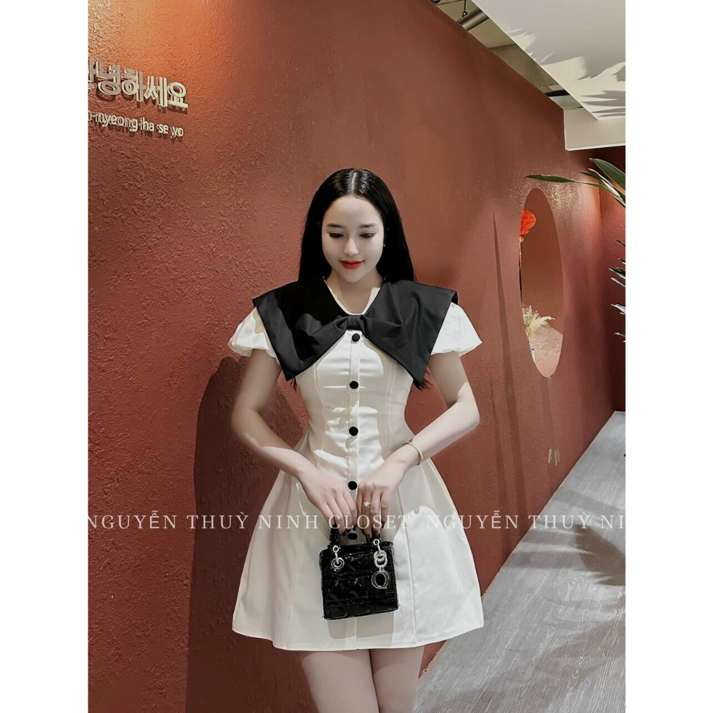 (Sale FreeShip) Đầm tiểu thư cổ phối tay phồng dễ thương,váy tapta nữ dáng ngắn đính nút cực xinh