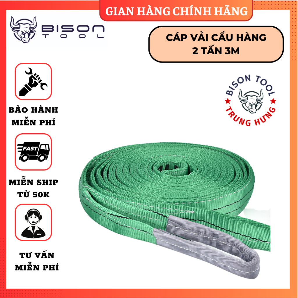 Dây Cáp Vải Cẩu Hàng 2 Tấn 3m Hệ số 5:1 Dây bẹ (Đủ mã)