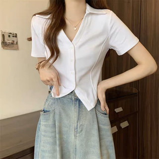 Áo sơ mi nữ, áo kiểu cổ bẻ trơn cộc tay ôm eo phong cách hàn quốc m2978