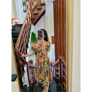 Đầm hoa xếp ly ngực tay bồng