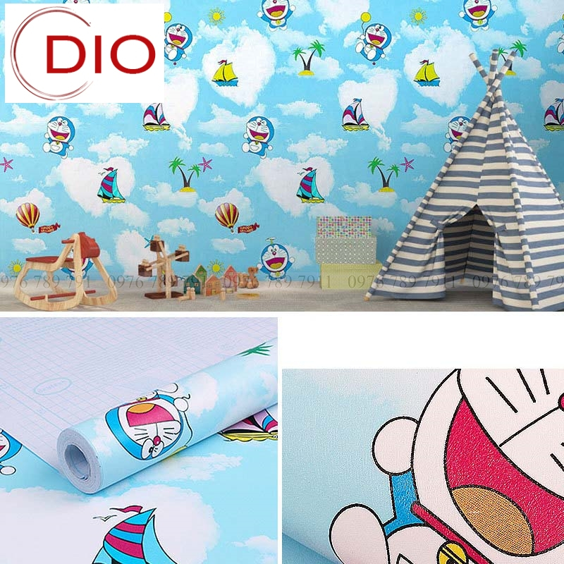 Giấy dán tường phòng ngủ hoạt hình doraemon mây xanh cho bé trai bé gái có keo sẵn 3d 10m cute Dio