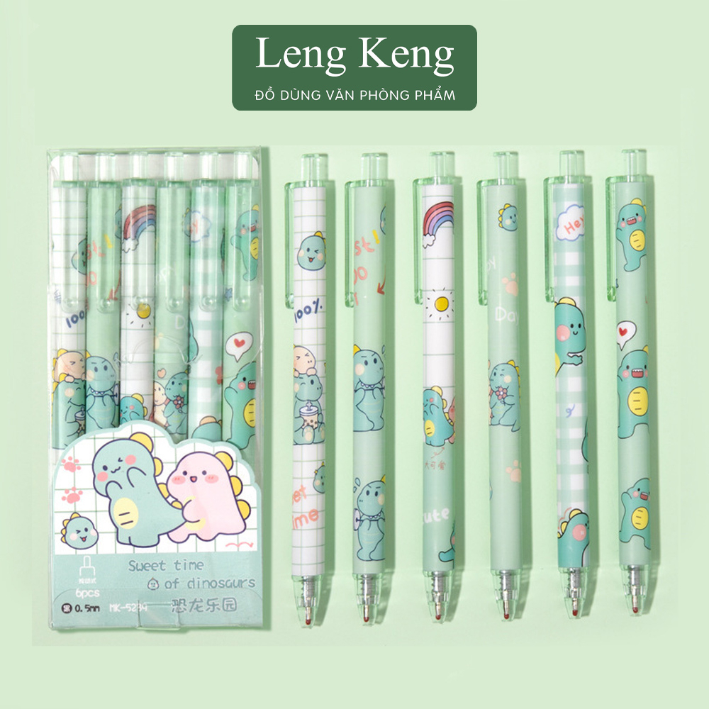 Bộ 6 bút bi bấm ngòi 0.5mm văn phòng phẩm Leng Keng họa tiết hình khủng long siêu cute B21-H