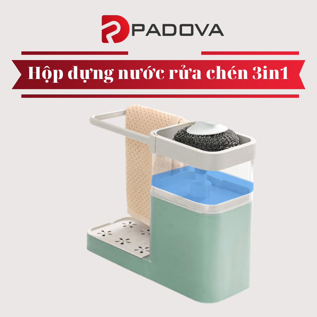 Hộp Đựng Nước Rửa Chén Kèm Khay Để Miếng Bọt Biển Có Giá Treo Khăn 3in1 PADOVA 10043
