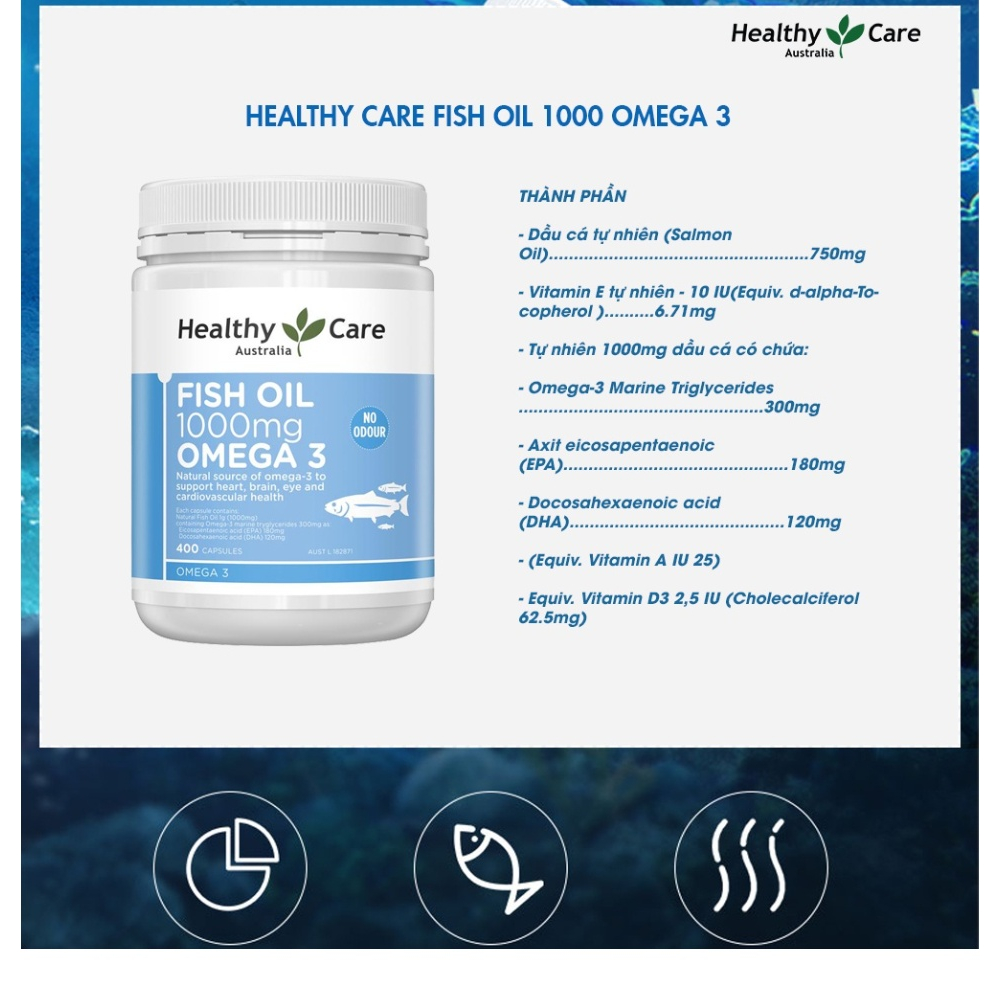 Viên uống dầu cá Omega 3 Hỗ trợ sức khoẻ tim mạch, xương khớp Healthy Care Fish Oil 400 viên