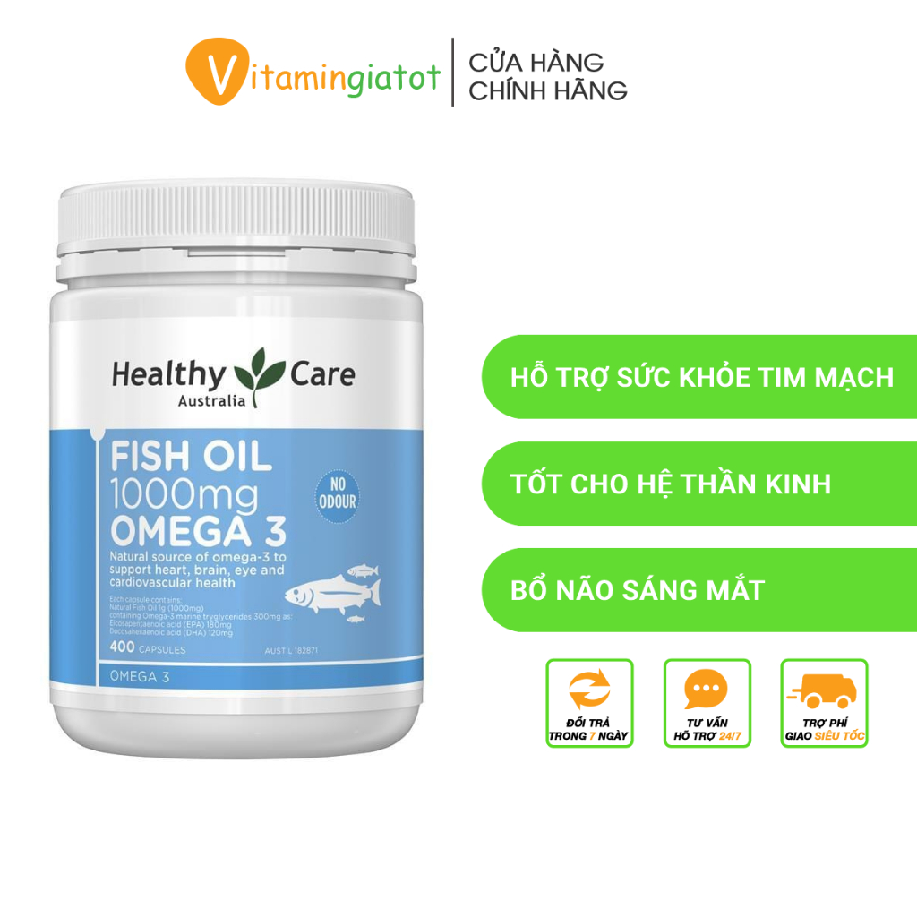 Viên uống dầu cá Omega 3 Hỗ trợ sức khoẻ tim mạch, xương khớp Healthy Care Fish Oil 400 viên