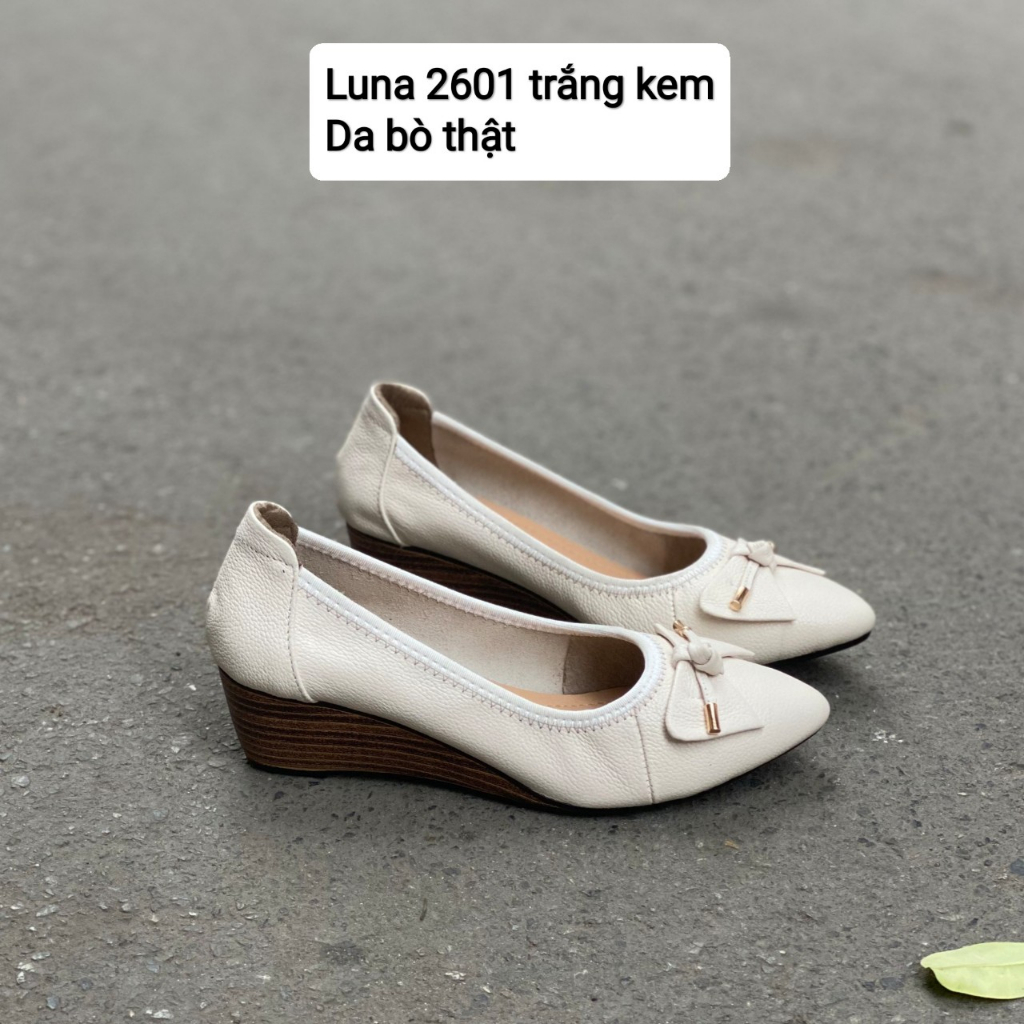 Giày búp bê cao gót nữ 3p LUNASHOES 2601 da bò thật có nơ mũi nhọn lót êm đế chống trơn trượt